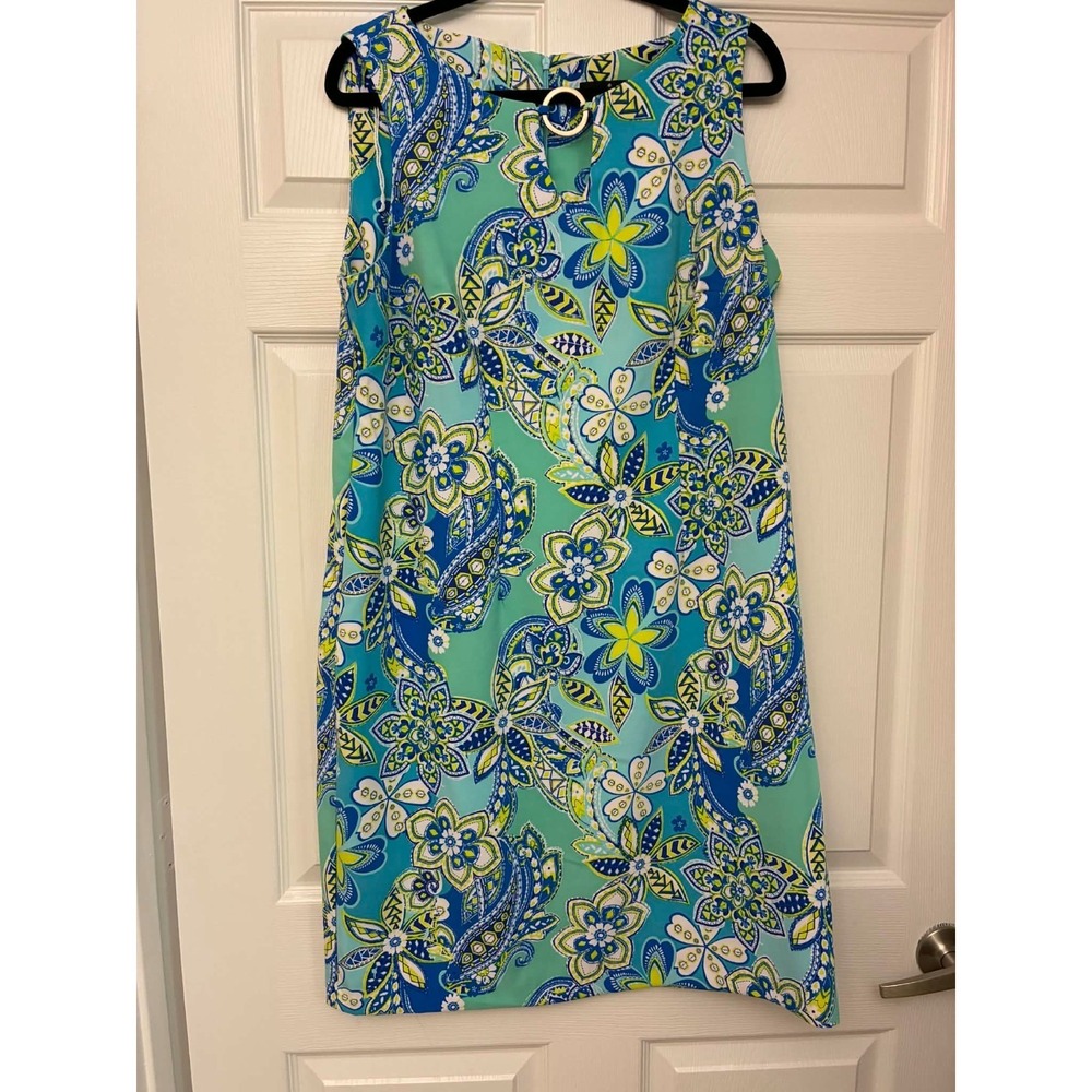 Ronni Nicole Shift Dress Womens 14W Blue Green Floral Sleeveless Keyhole